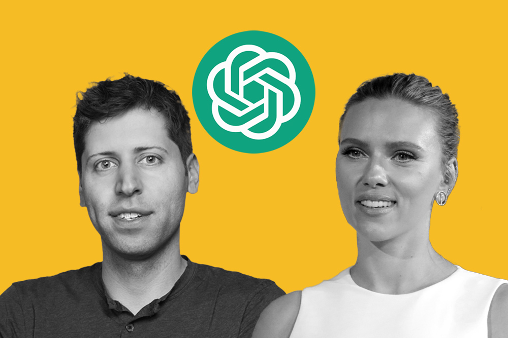 Bild von OpenAI CEO Sam Altman und Schauspielerin Scarlett Johansson mit dem OpenAI-Logo im Hintergrund. Symbolisiert den möglichen rechtlichen Konflikt über die Nutzung einer KI-Stimme, die Johanssons Stimme ähnelt.