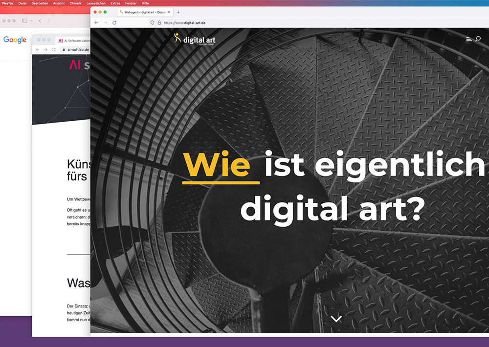 Bild zeigt drei verschiedene Webbrowser-Fenster auf einem Desktop