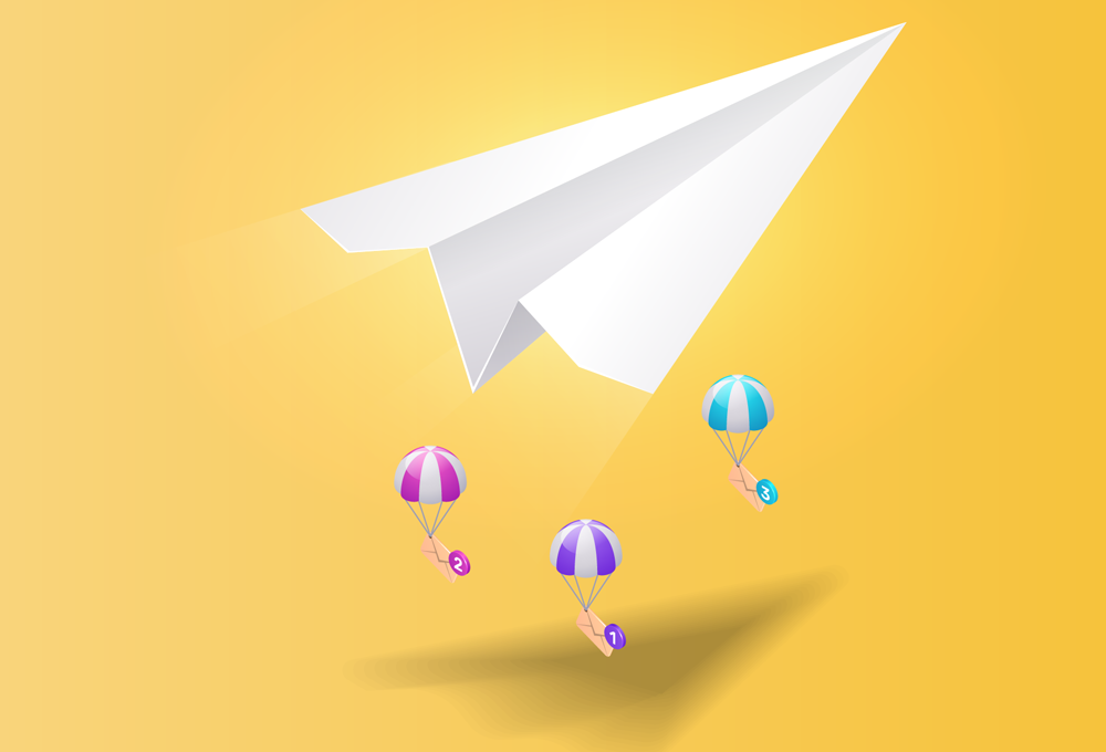 Bild zeigt eine Illustration von einem Papierflieger, welche Willkommens-E-Mail widerspiegelt.