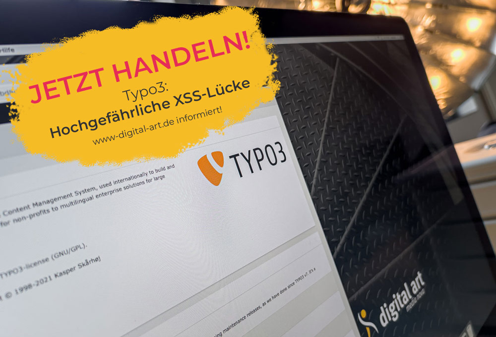 Bild zeigt ein Display von einer TYPO3 Seite, mit einer TYPO3 Sicherheitslücke Warnungstext